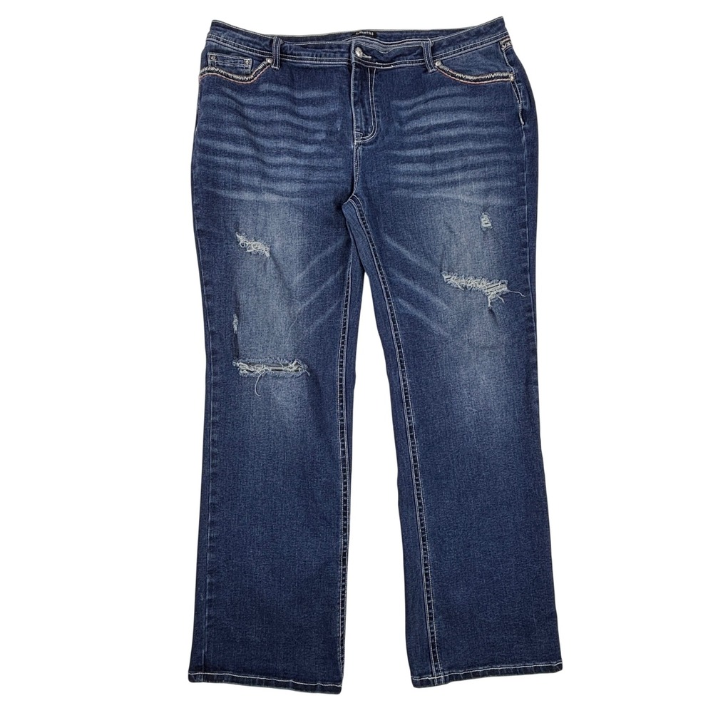 Flamingals Womens XXXL Distressed Bootcut Jeans Dark Wash Whiskered Denim 40x31